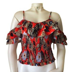 Milk & Honey Off Shoulder Crop Stretch Top Size L Red Floral Tropical NWT 